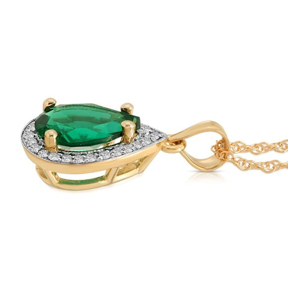 14K. GOLD NECKLACE WITH NATURAL DIAMONDS & LAB. CREATED EMERALD (Yellow Gold) - Picture 2 of 6